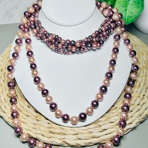 Set of 2 Vintage Faux Pearl Necklaces in shades of Purple and Mauve.